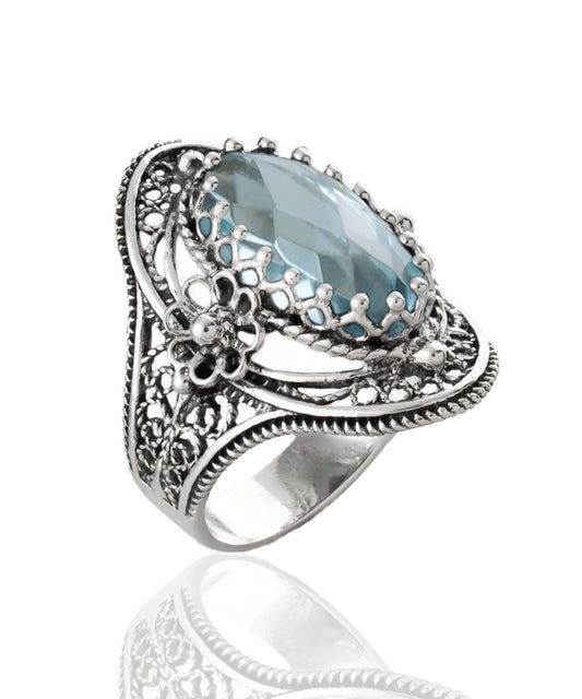 Blue Topaz Gemstone Sterling Silver Women Statement Ring with Daisy