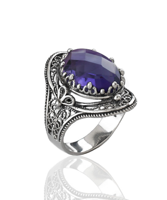 Amethyst Gemstone Filigree Art Woman Silver Statement Ring