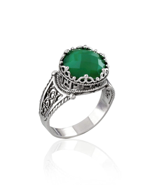 Greek Key Pattern Filigree Art Green Agate Gemstone Women Silver
