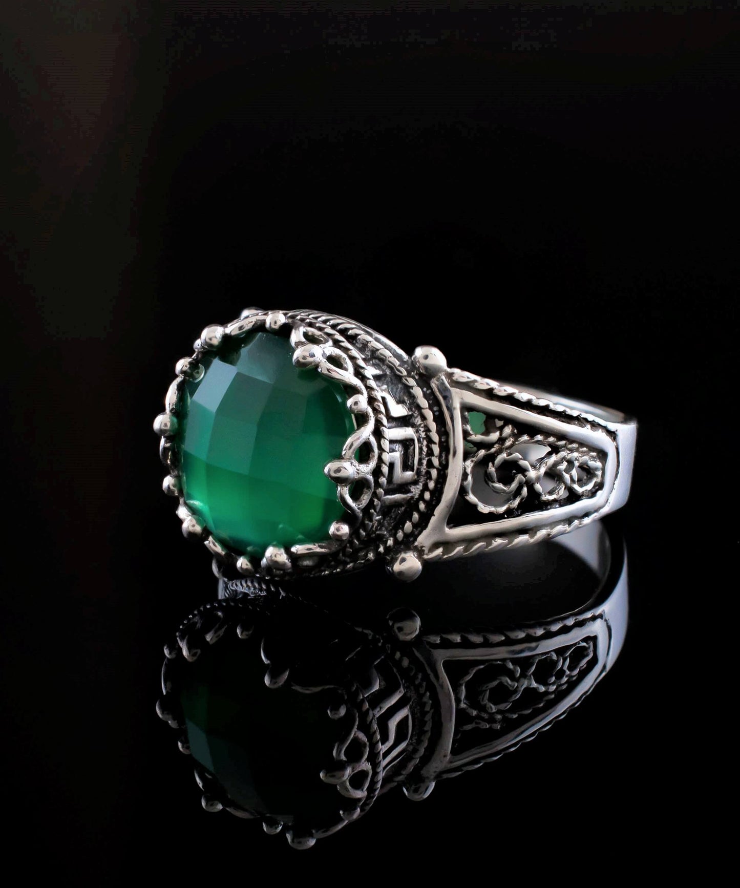 Greek Key Pattern Filigree Art Green Agate Gemstone Women Silver