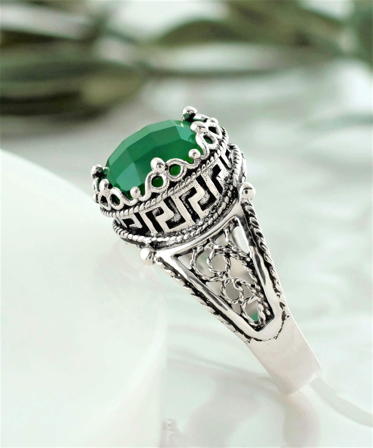 Greek Key Pattern Filigree Art Green Agate Gemstone Women Silver