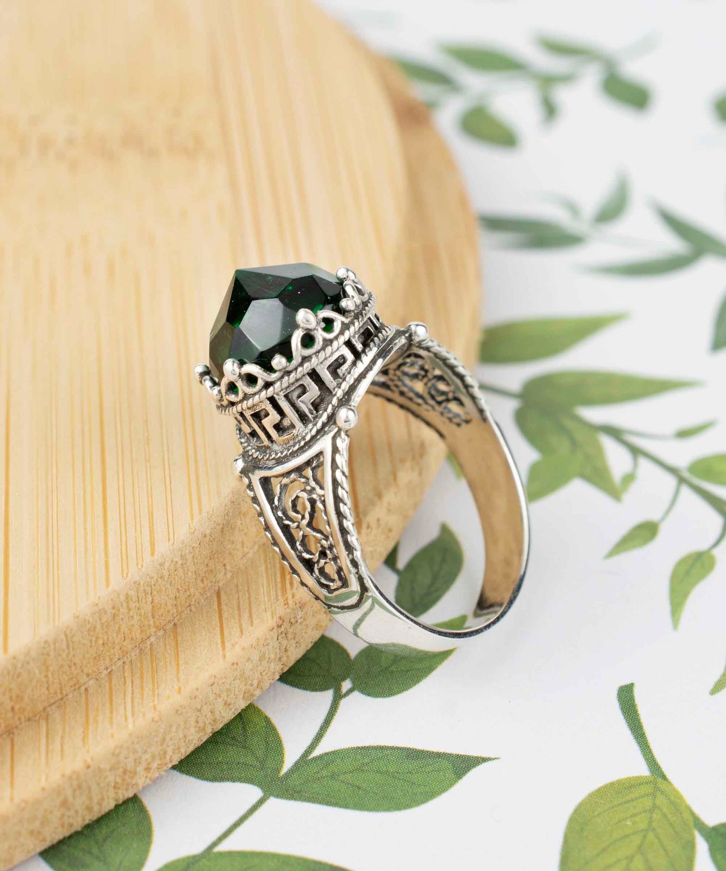 Greek Key Pattern Filigree Art Peridot Gemstone Women Silver Cocktail