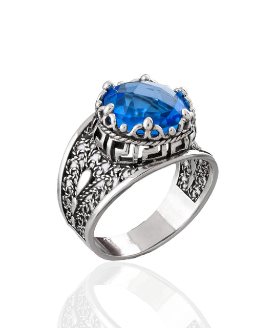 Meander Pattern Filigree Art Blue Quartz Gemstone Women Silver