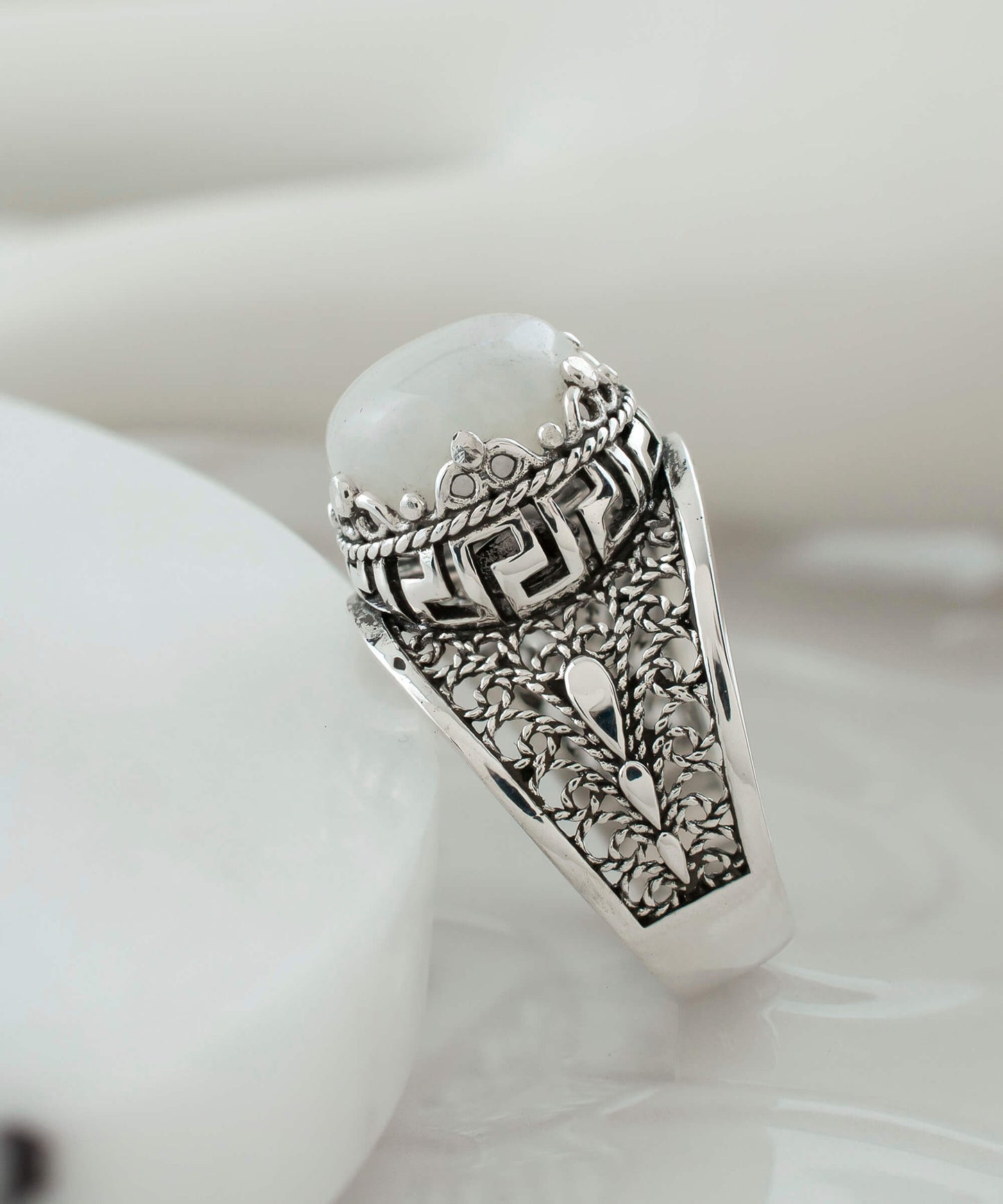 Meander Pattern Filigree Art Moonstone Gemstone Women Silver Cocktail