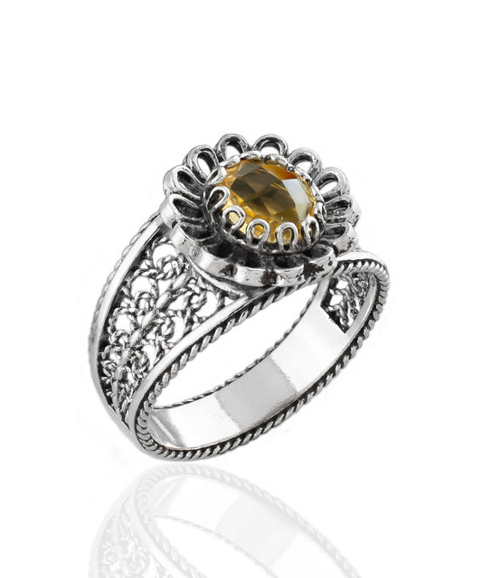 Daisy Figured Citrine Gemstone Filigree Art Women Silver Cocktail Ring