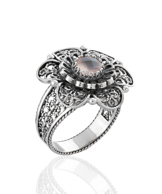 Filigree Art Pink Chalcedony Gemstone Women Silver Statement Ring