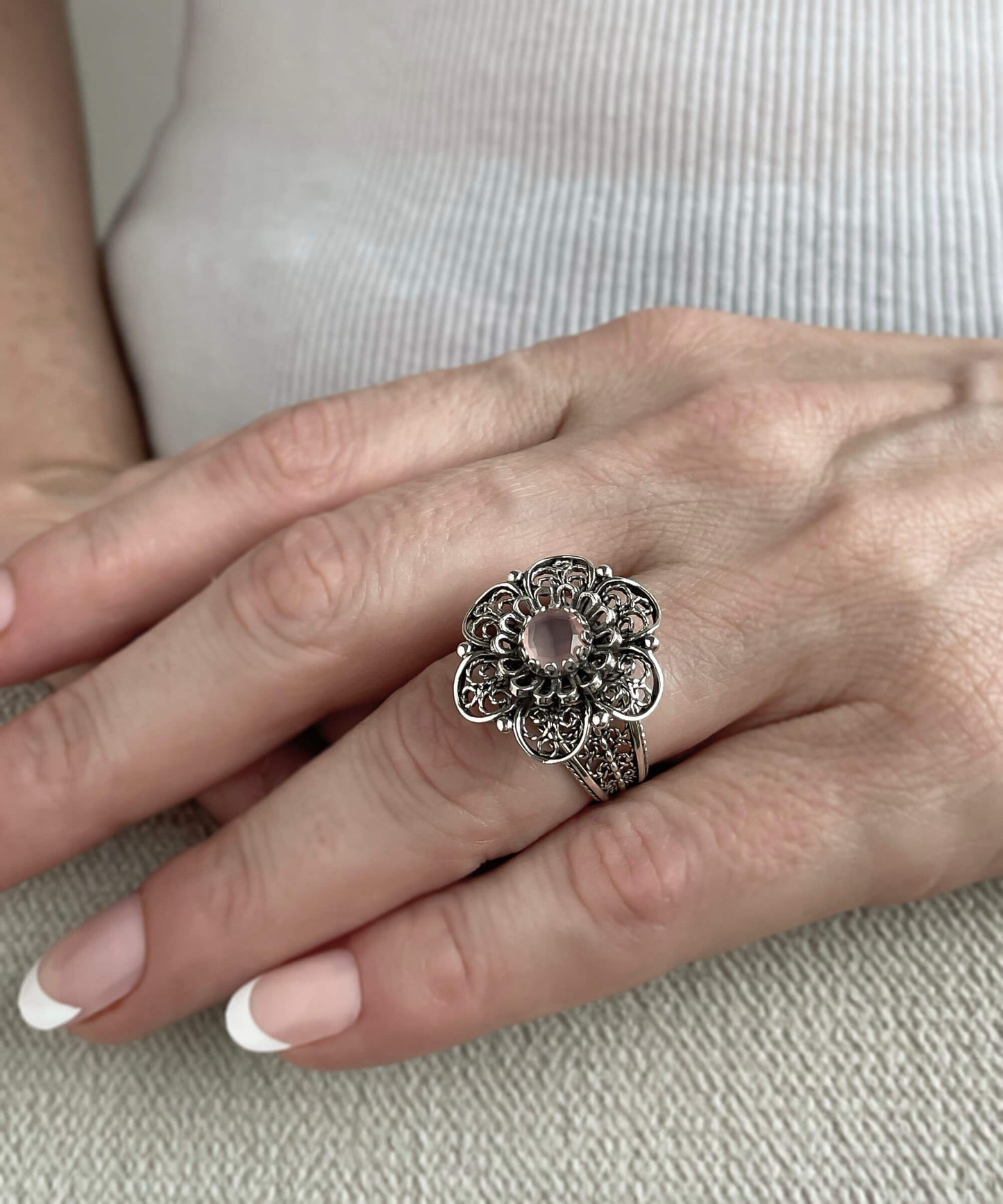 Filigree Art Pink Chalcedony Gemstone Women Silver Statement Ring