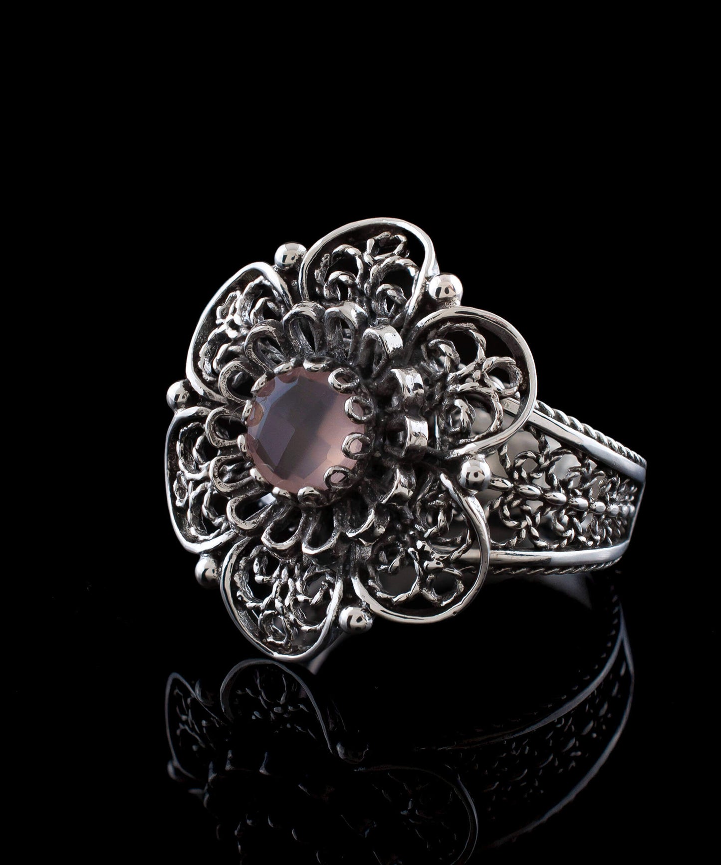 Filigree Art Pink Chalcedony Gemstone Women Silver Statement Ring