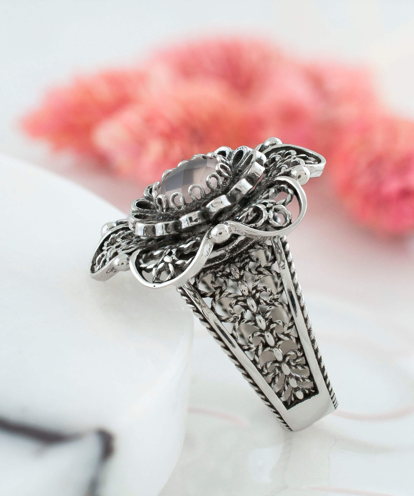Filigree Art Pink Chalcedony Gemstone Women Silver Statement Ring