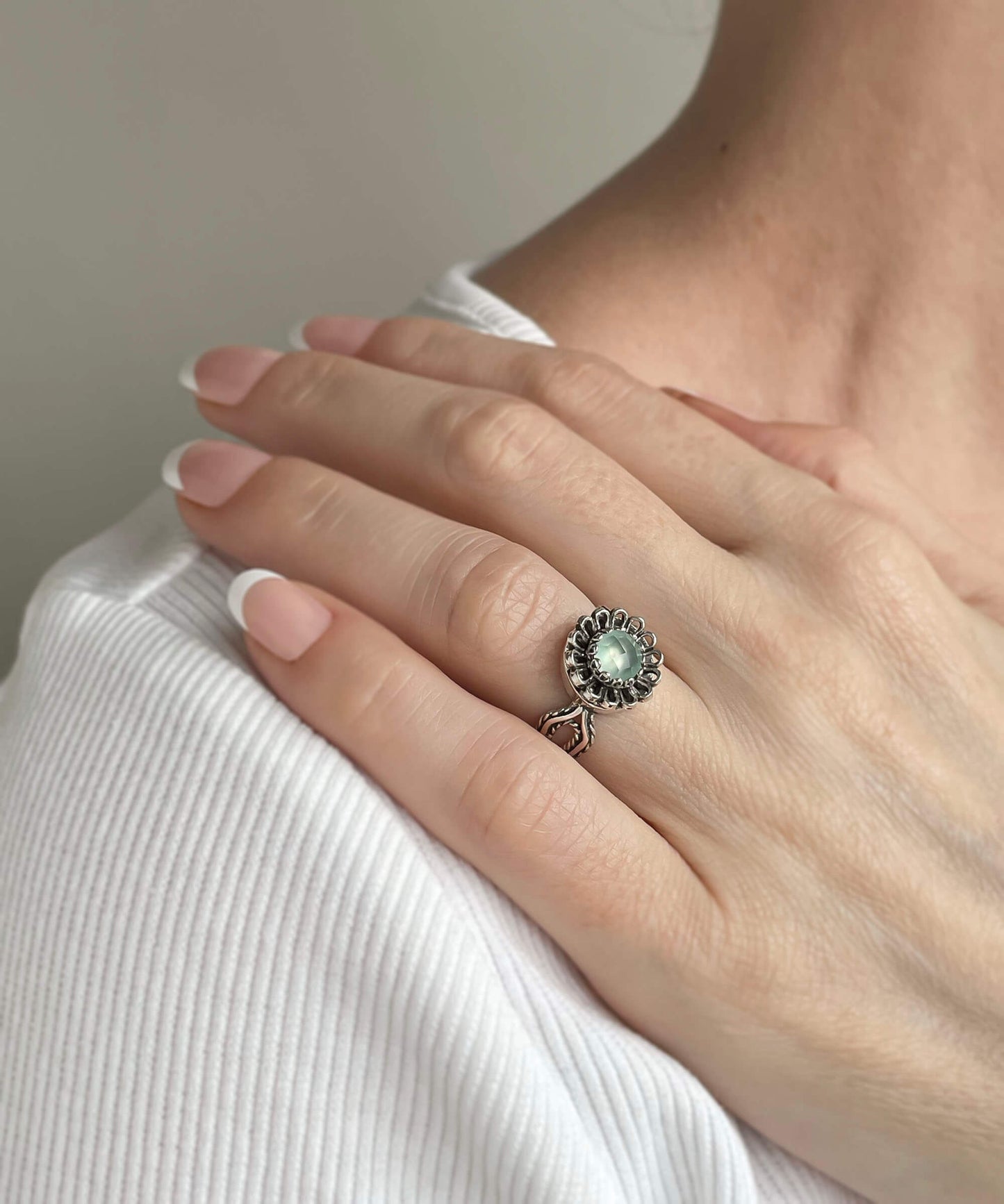 Aqua Chalcedony Gemstone Sterling Silver Women Cocktail Ring
