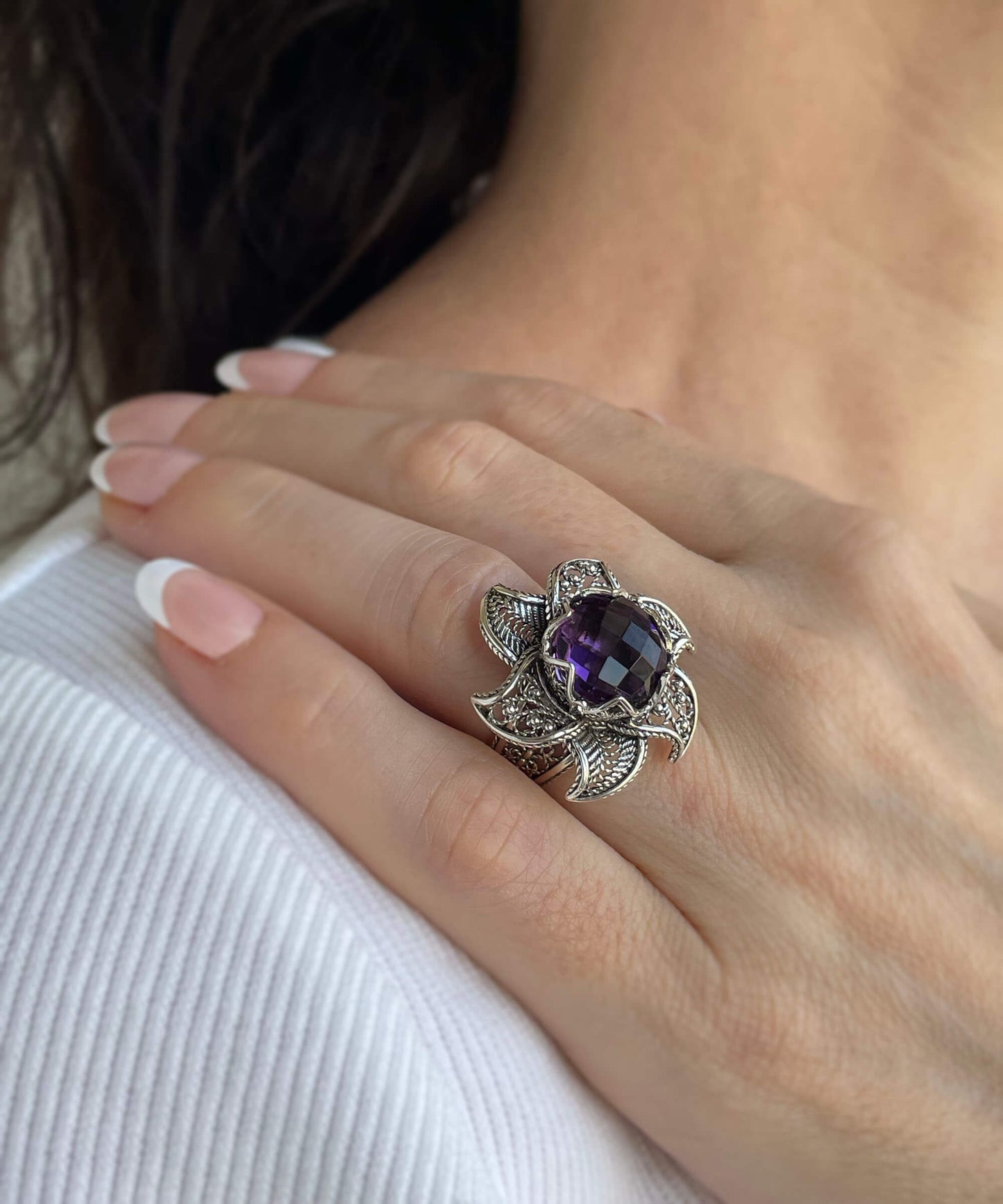 Lotus Flower Amethyst Gemstone Women Silver Statement Ring