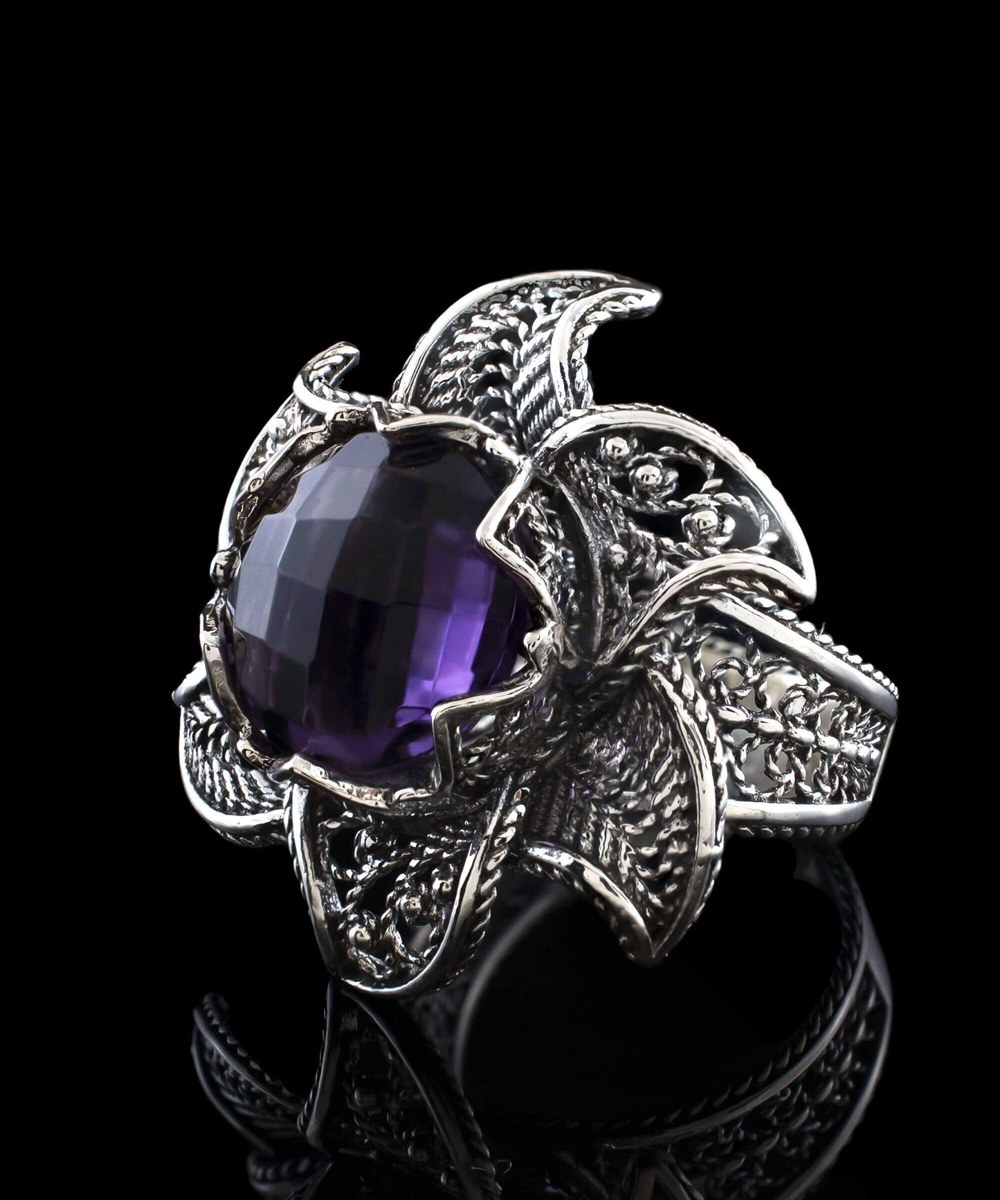 Lotus Flower Amethyst Gemstone Women Silver Statement Ring