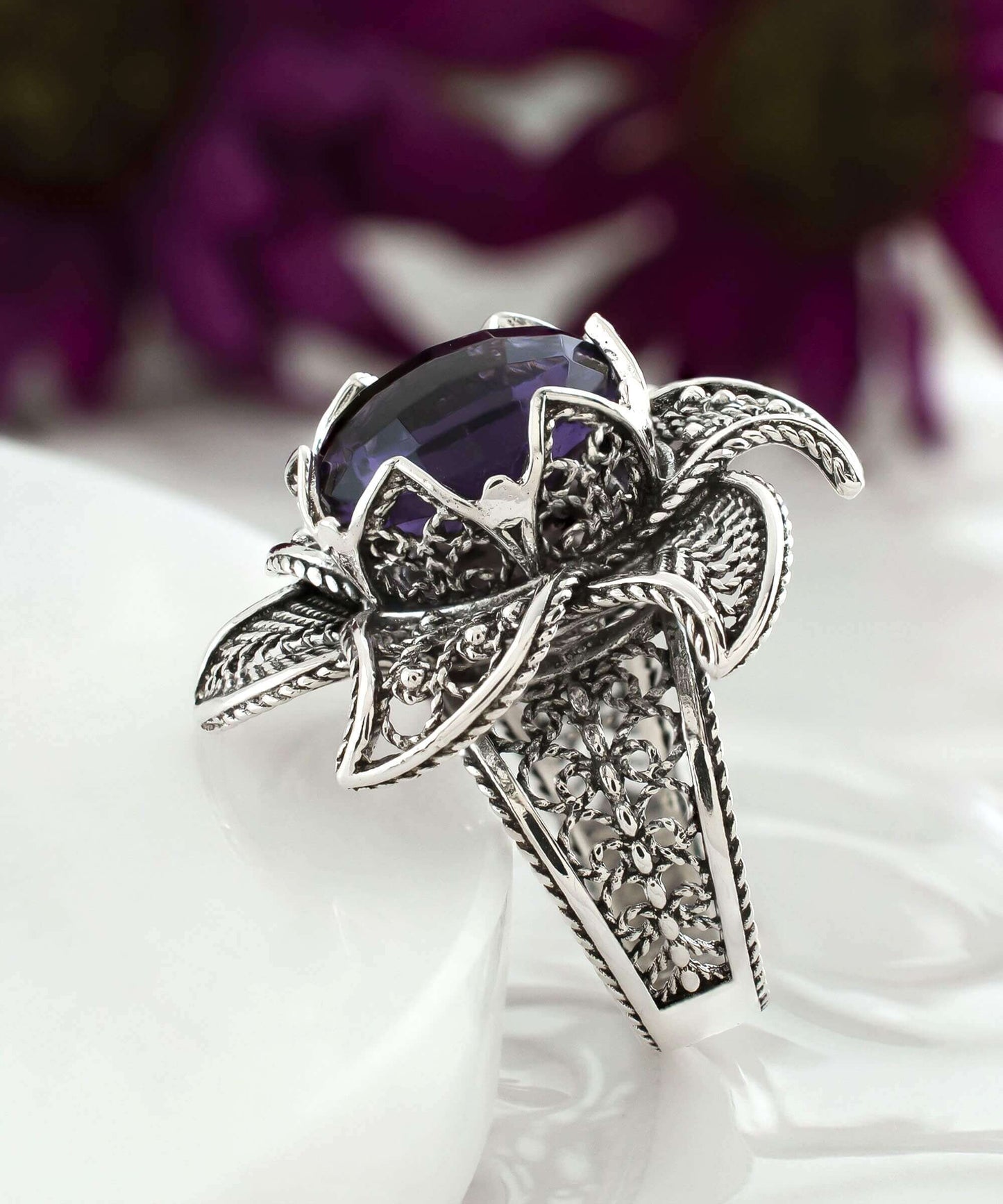 Lotus Flower Amethyst Gemstone Women Silver Statement Ring