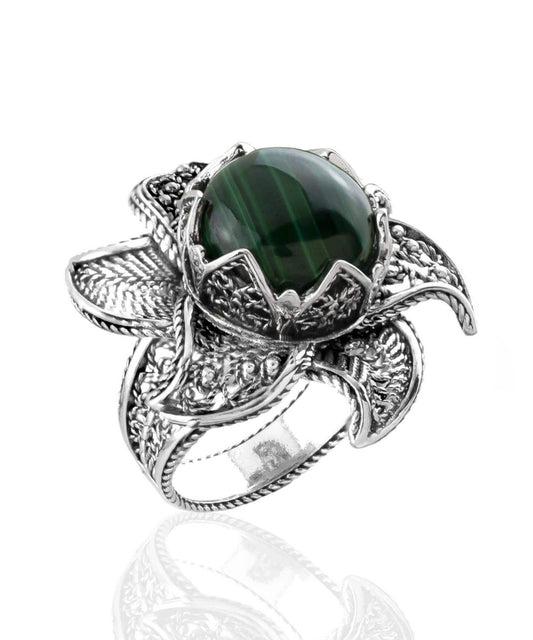 Lotus Flower Malachite Gemstone Women Silver Statement Ring