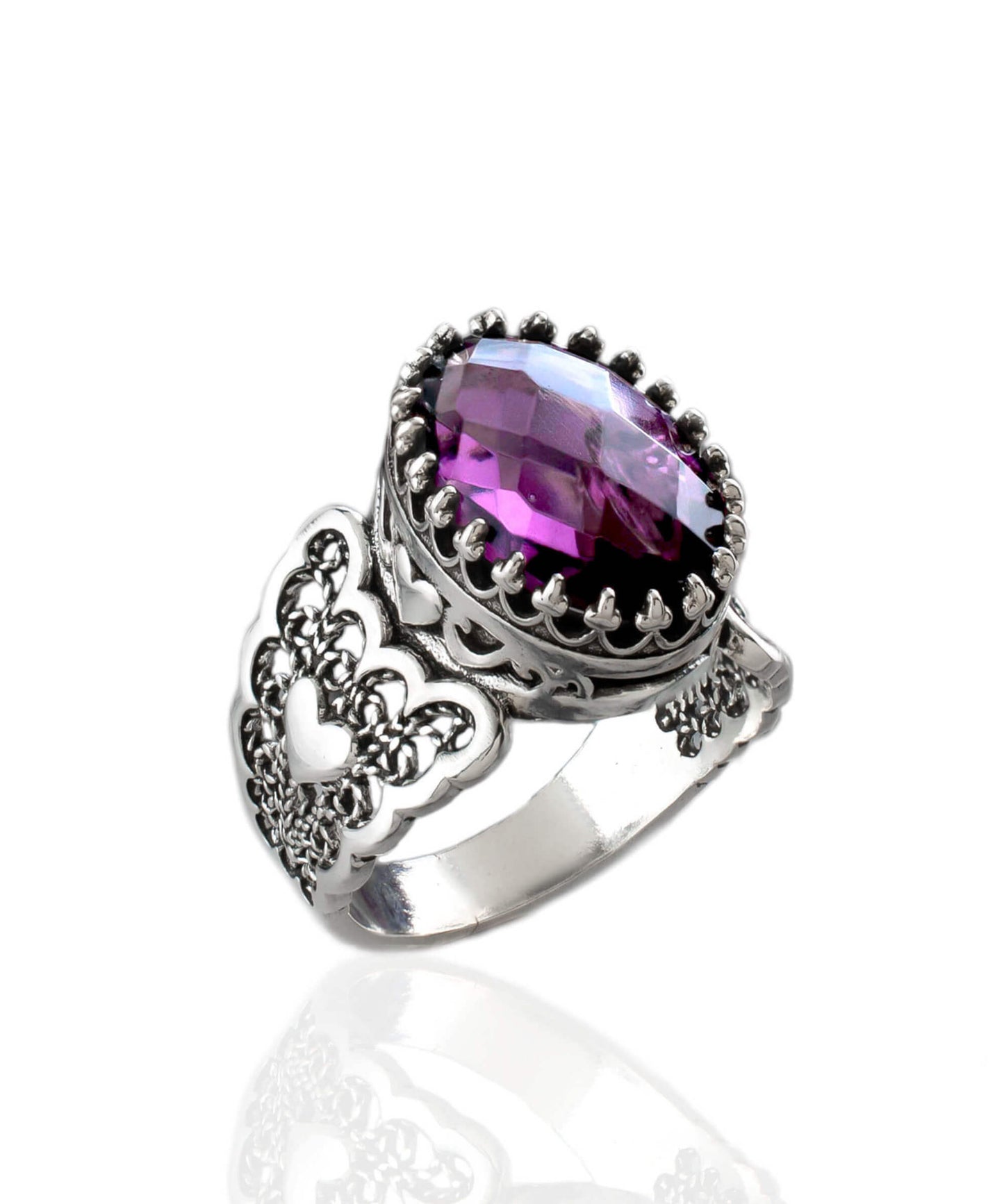 Amethyst Gemstone Double Heart Detailed Filigree Art 925 Sterling