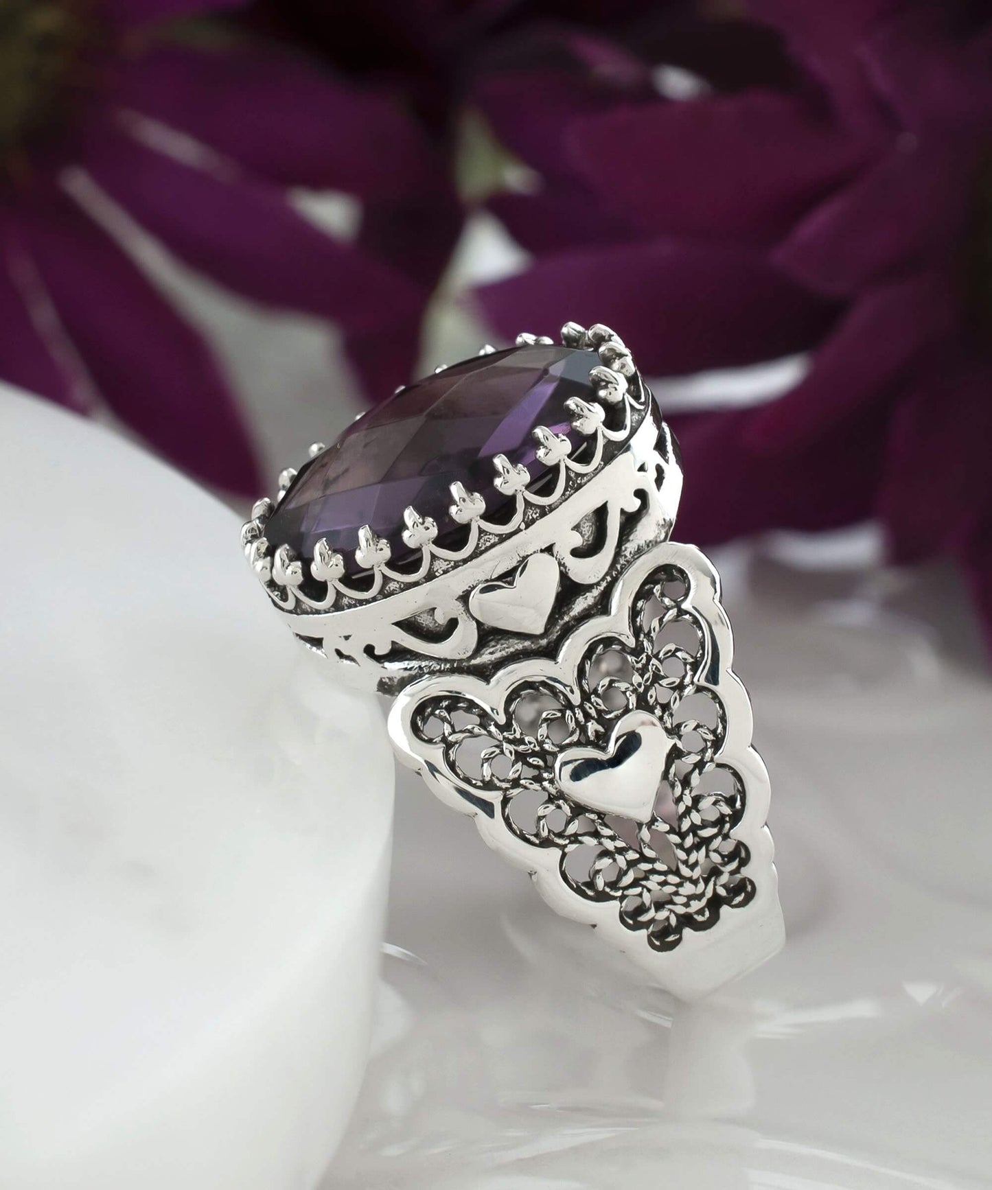 Amethyst Gemstone Double Heart Detailed Filigree Art 925 Sterling