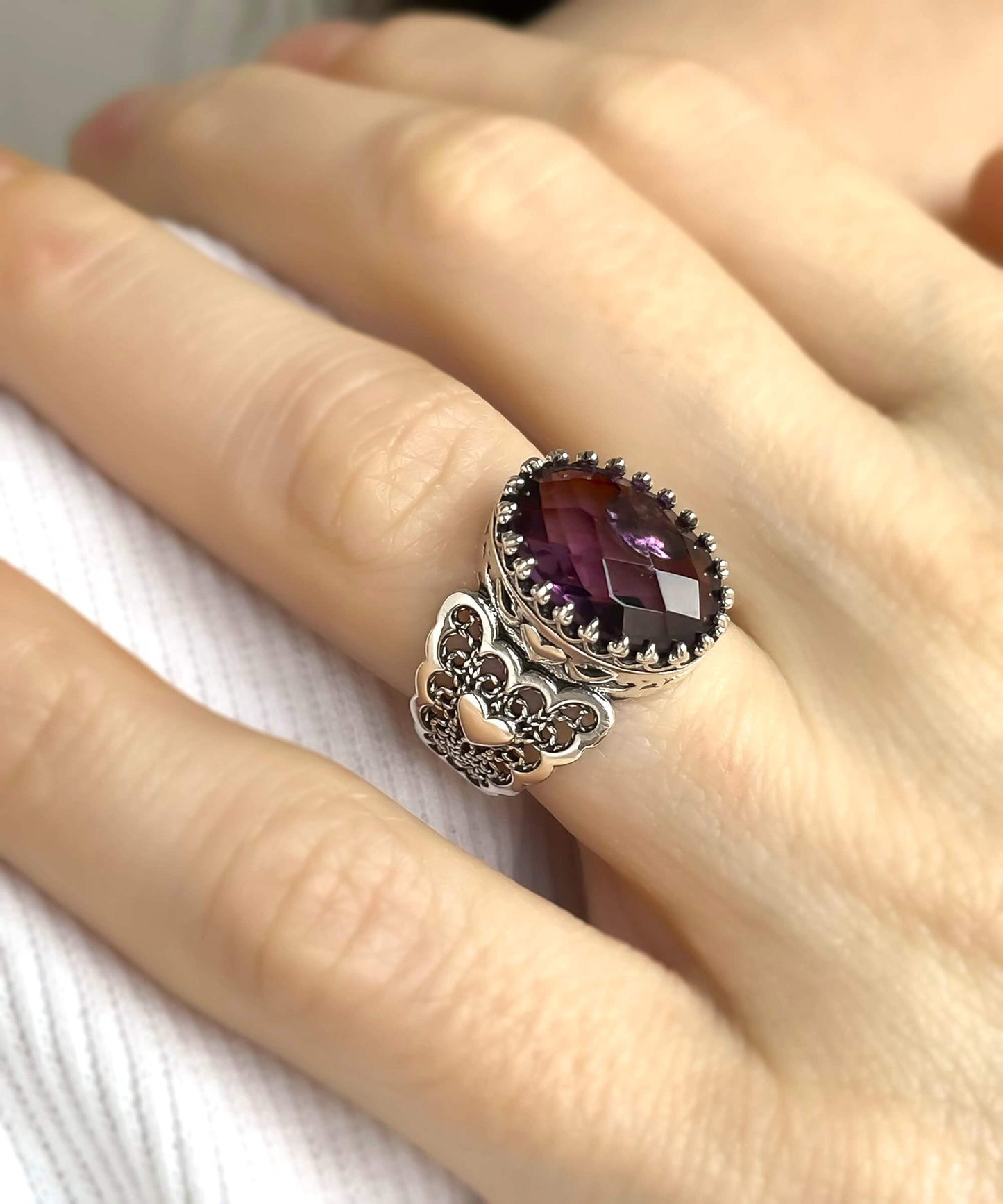 Amethyst Gemstone Double Heart Detailed Filigree Art 925 Sterling