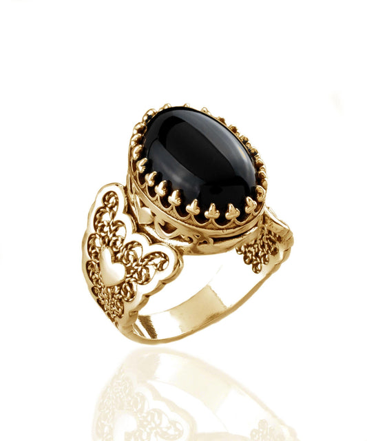 Double Heart Detailed Black Onyx Gemstone Filigree Art Gold Plated