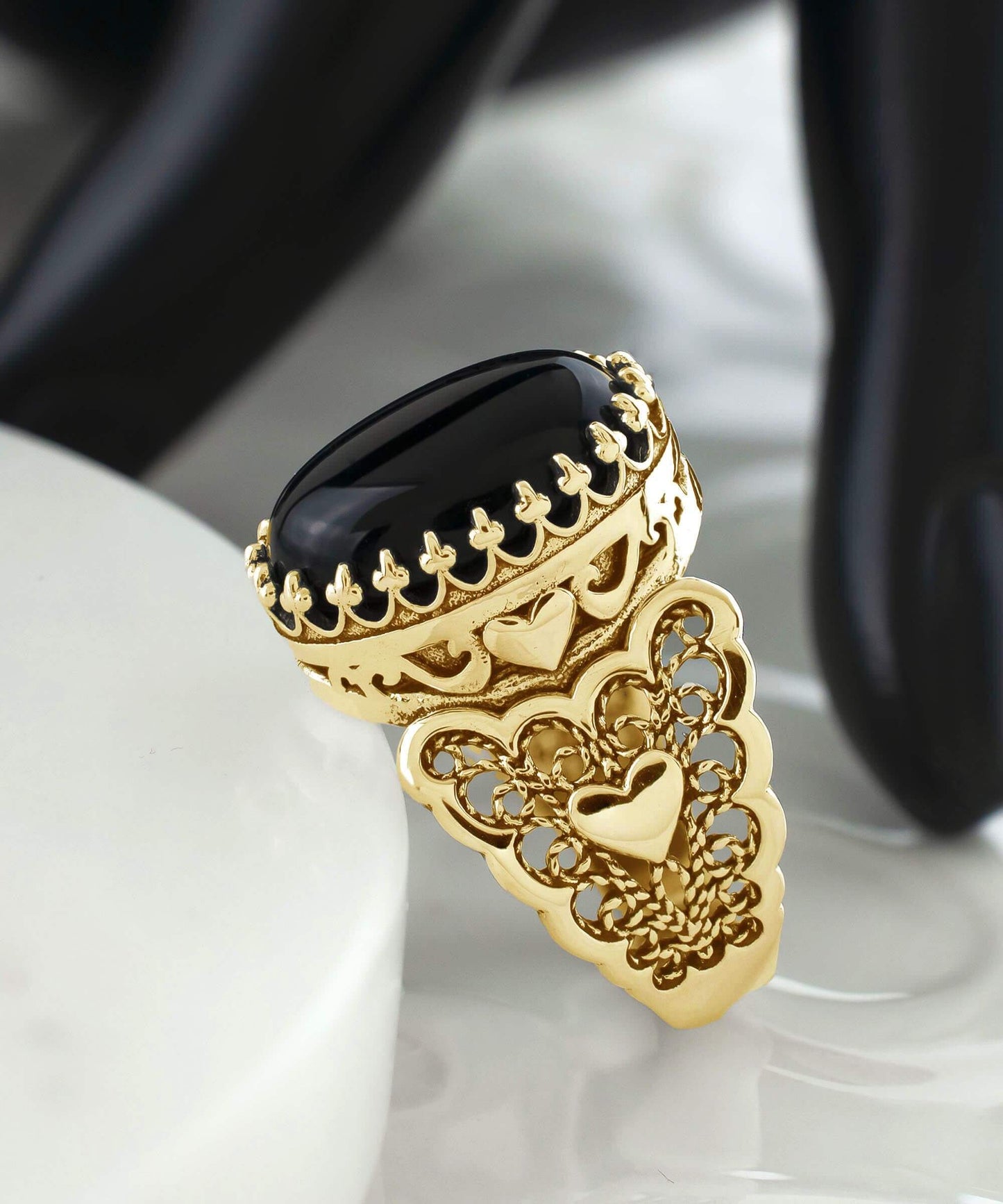 Double Heart Detailed Black Onyx Gemstone Filigree Art Gold Plated