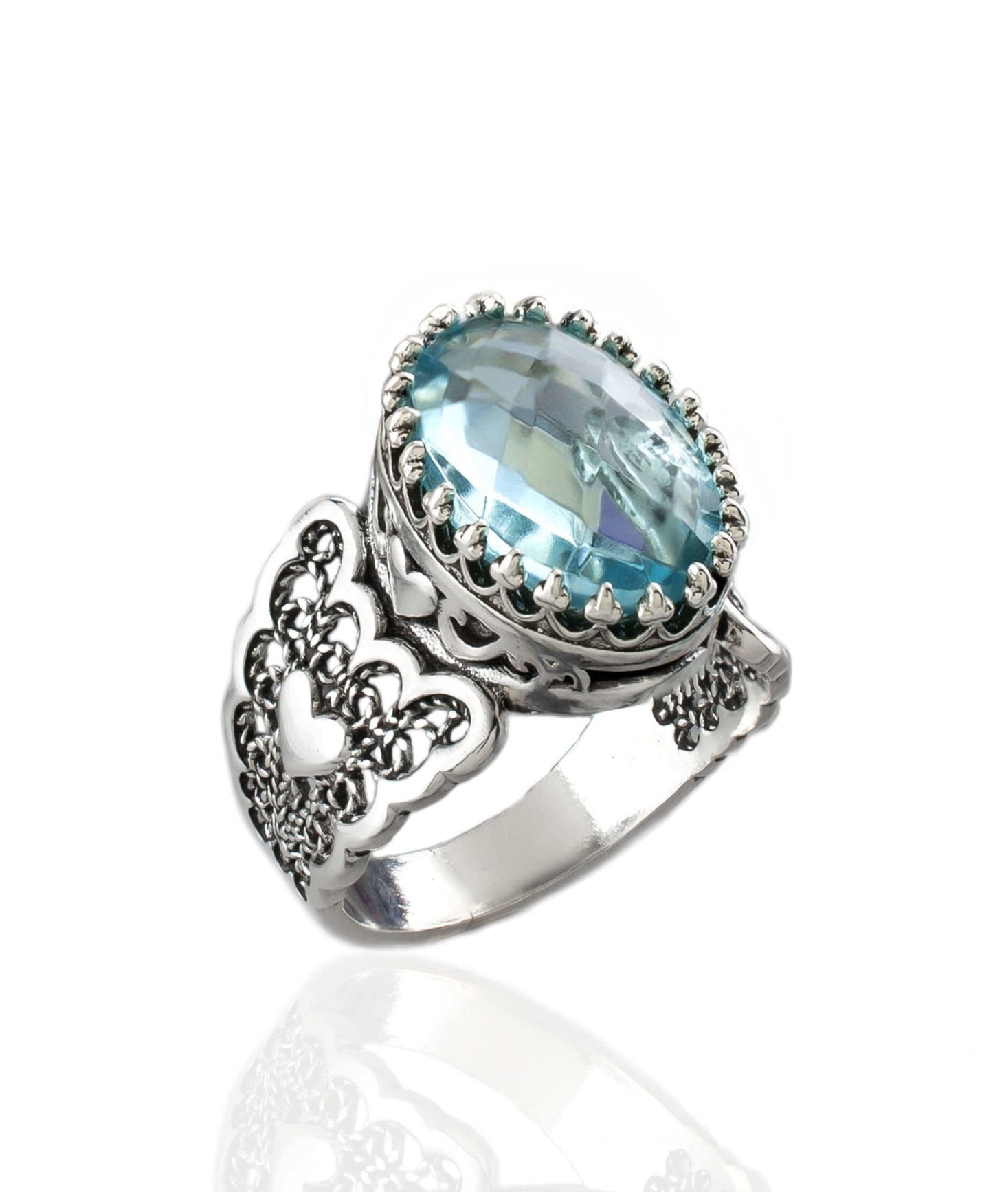 Blue Topaz Gemstone Double Heart Detailed Filigree Art 925 Sterling