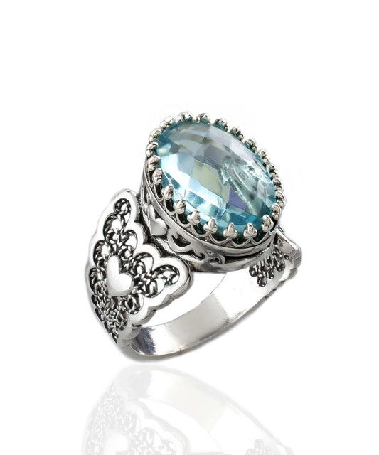 Blue Topaz Gemstone Double Heart Detailed Filigree Art 925 Sterling