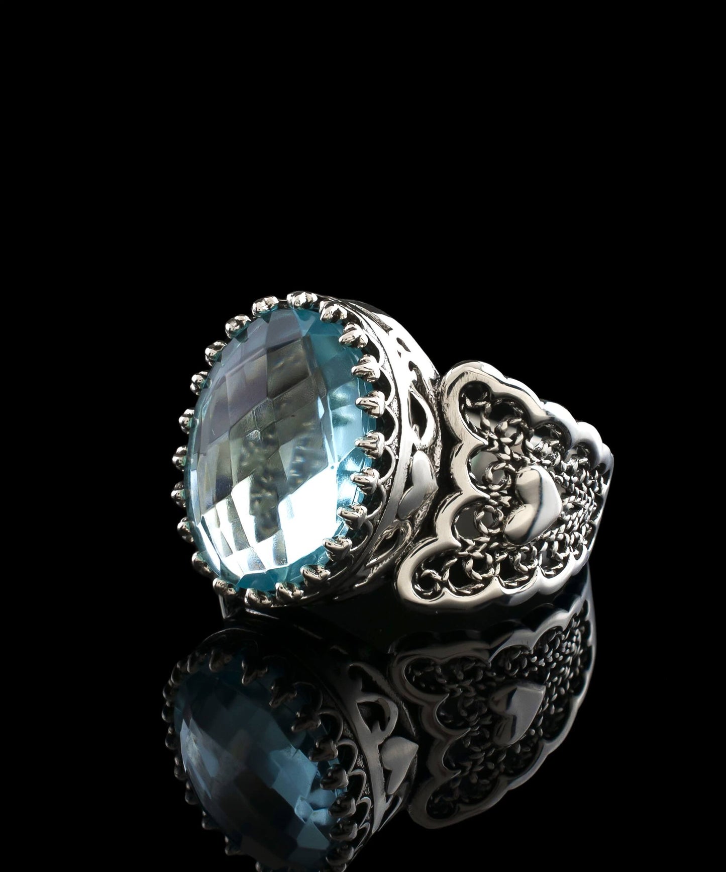 Blue Topaz Gemstone Double Heart Detailed Filigree Art 925 Sterling