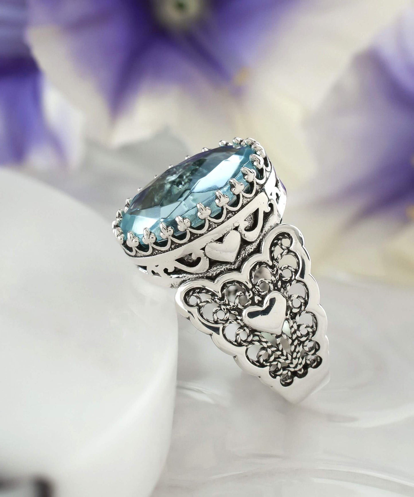 Blue Topaz Gemstone Double Heart Detailed Filigree Art 925 Sterling