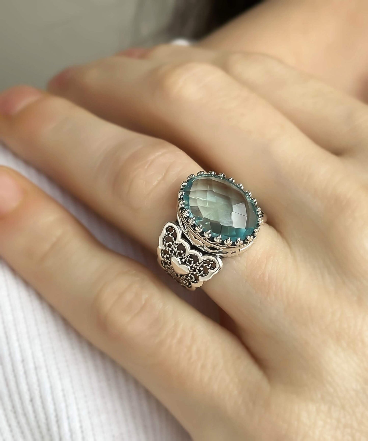Blue Topaz Gemstone Double Heart Detailed Filigree Art 925 Sterling