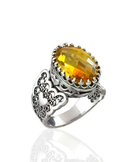Citrine Gemstone Double Heart Detailed Filigree Art 925 Sterling