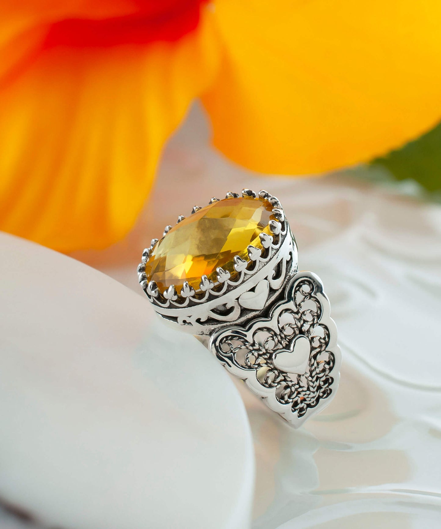 Citrine Gemstone Double Heart Detailed Filigree Art 925 Sterling