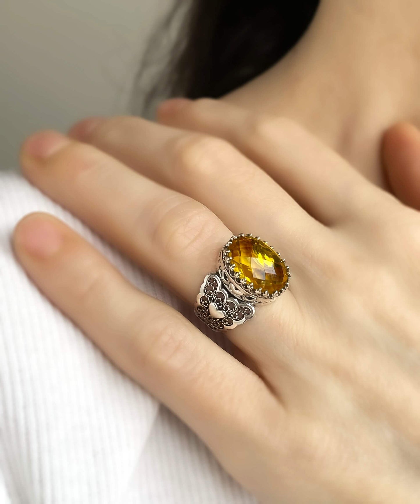 Citrine Gemstone Double Heart Detailed Filigree Art 925 Sterling