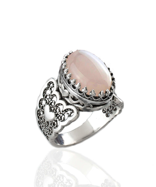 Rose Quartz Gemstone Double Heart Detailed Filigree Art 925 Sterling