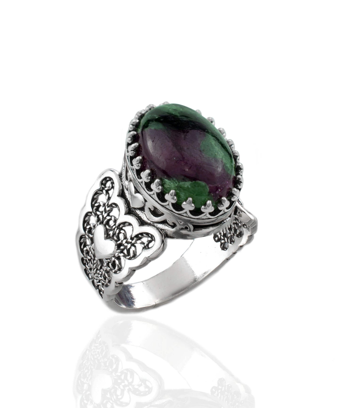 Ruby Zoisite Gemstone Double Heart Detailed Filigree Art 925 Sterling