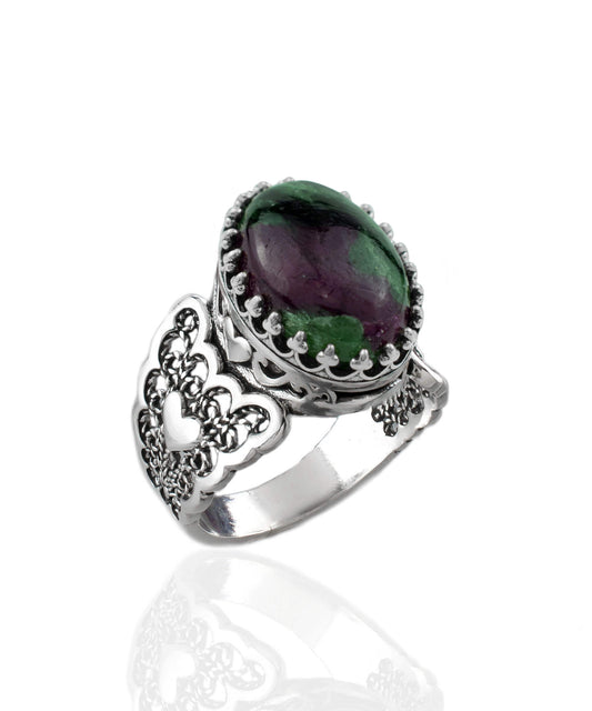 Ruby Zoisite Gemstone Double Heart Detailed Filigree Art 925 Sterling