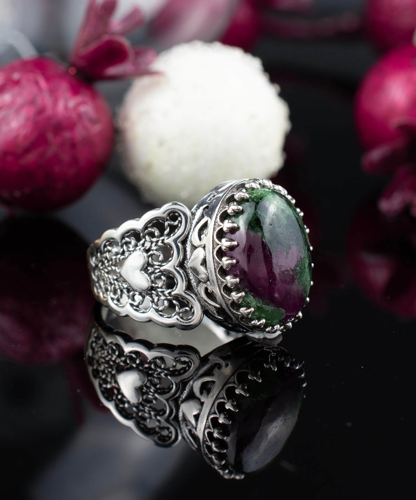 Ruby Zoisite Gemstone Double Heart Detailed Filigree Art 925 Sterling