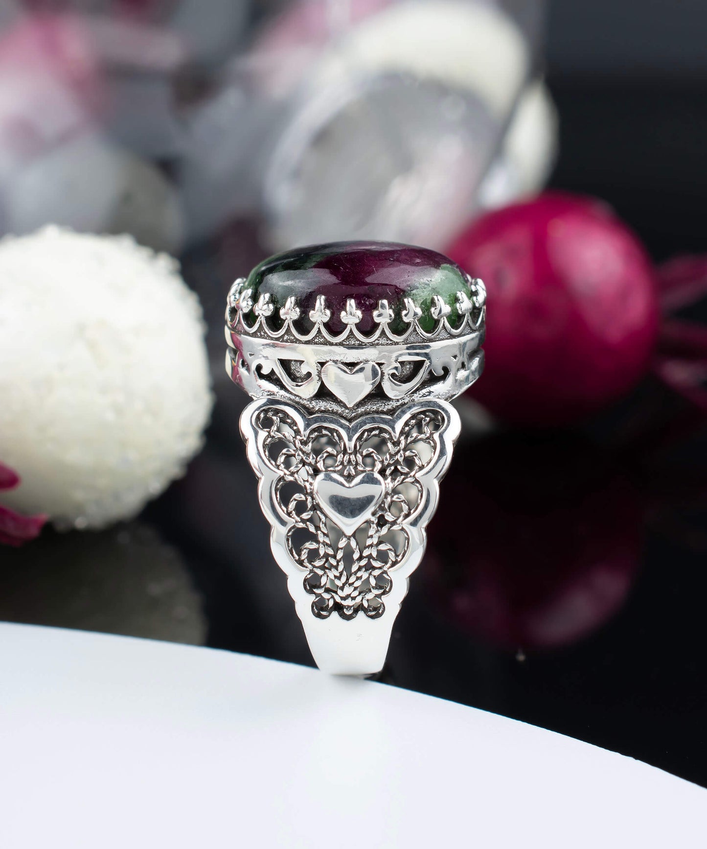 Ruby Zoisite Gemstone Double Heart Detailed Filigree Art 925 Sterling
