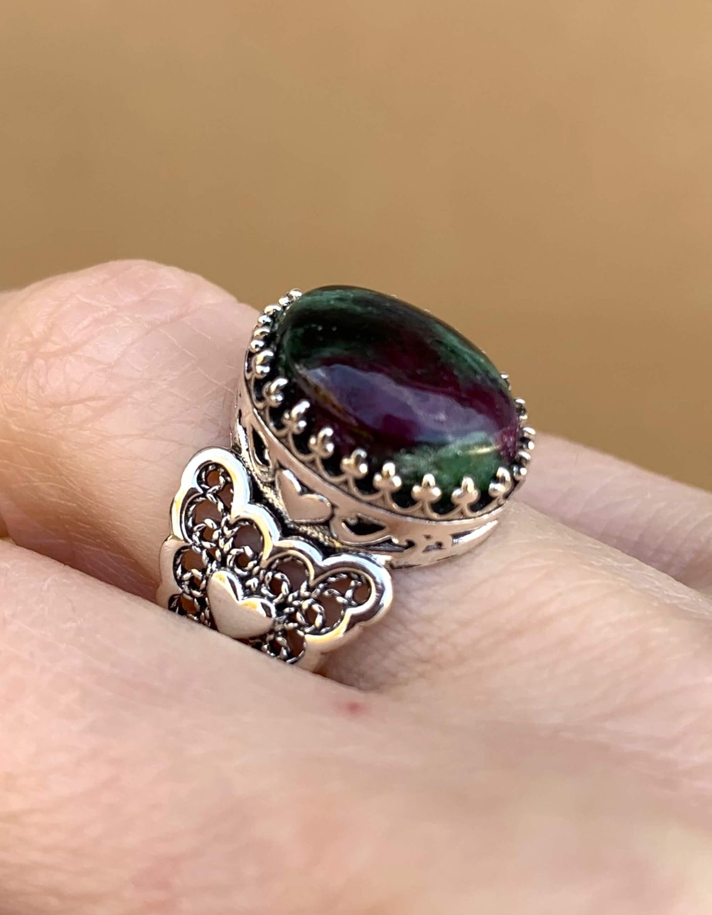 Ruby Zoisite Gemstone Double Heart Detailed Filigree Art 925 Sterling