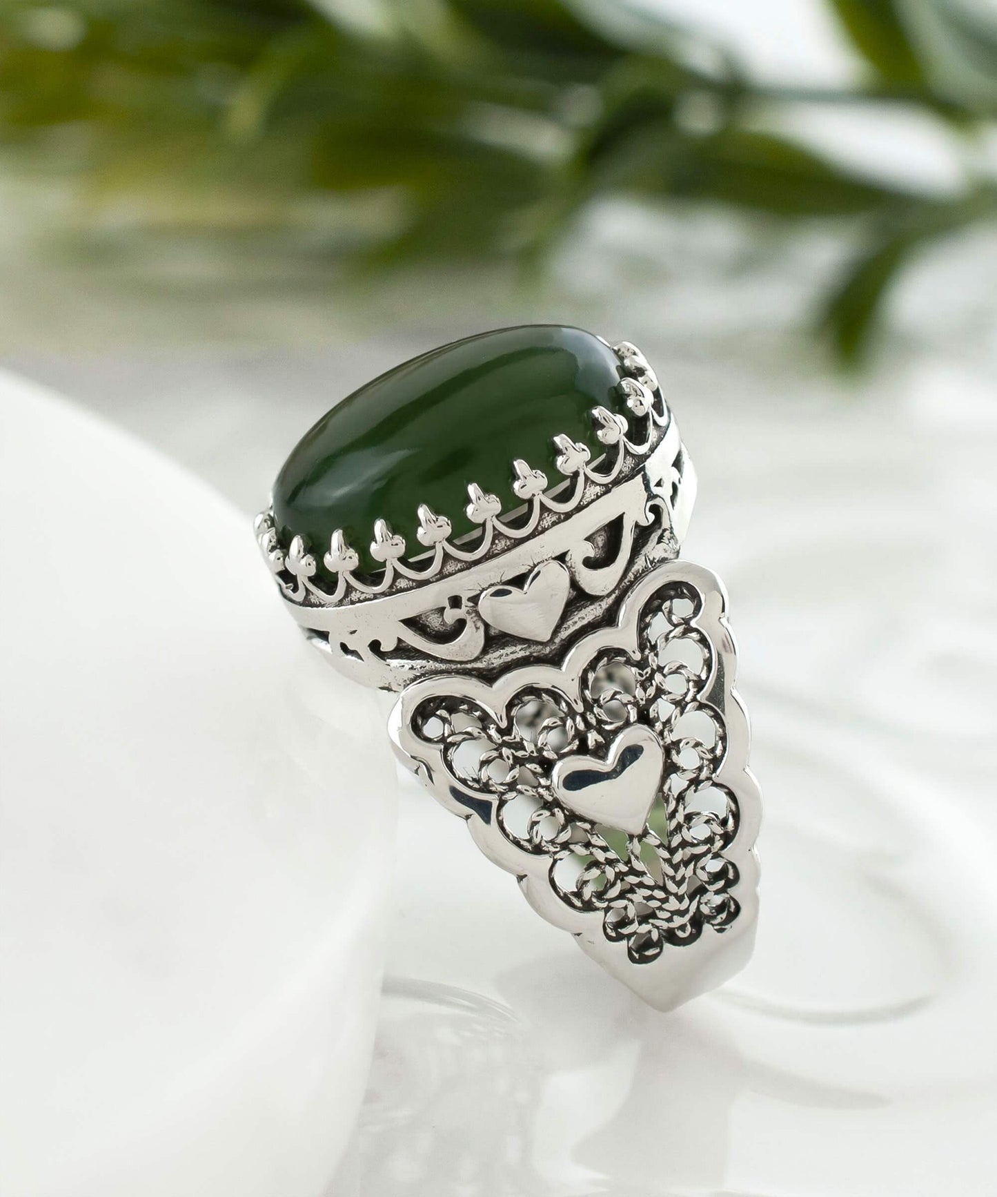 Serpentine Gemstone Double Heart Detailed Filigree Art 925 Sterling