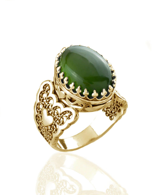 Double Heart Detailed Serpentine Gemstone Filigree Art Gold Plated
