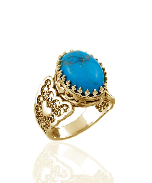 Double Heart Detailed Turquoise Gemstone Filigree Art Gold Plated
