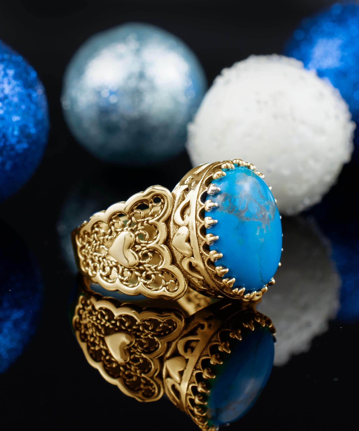 Double Heart Detailed Turquoise Gemstone Filigree Art Gold Plated