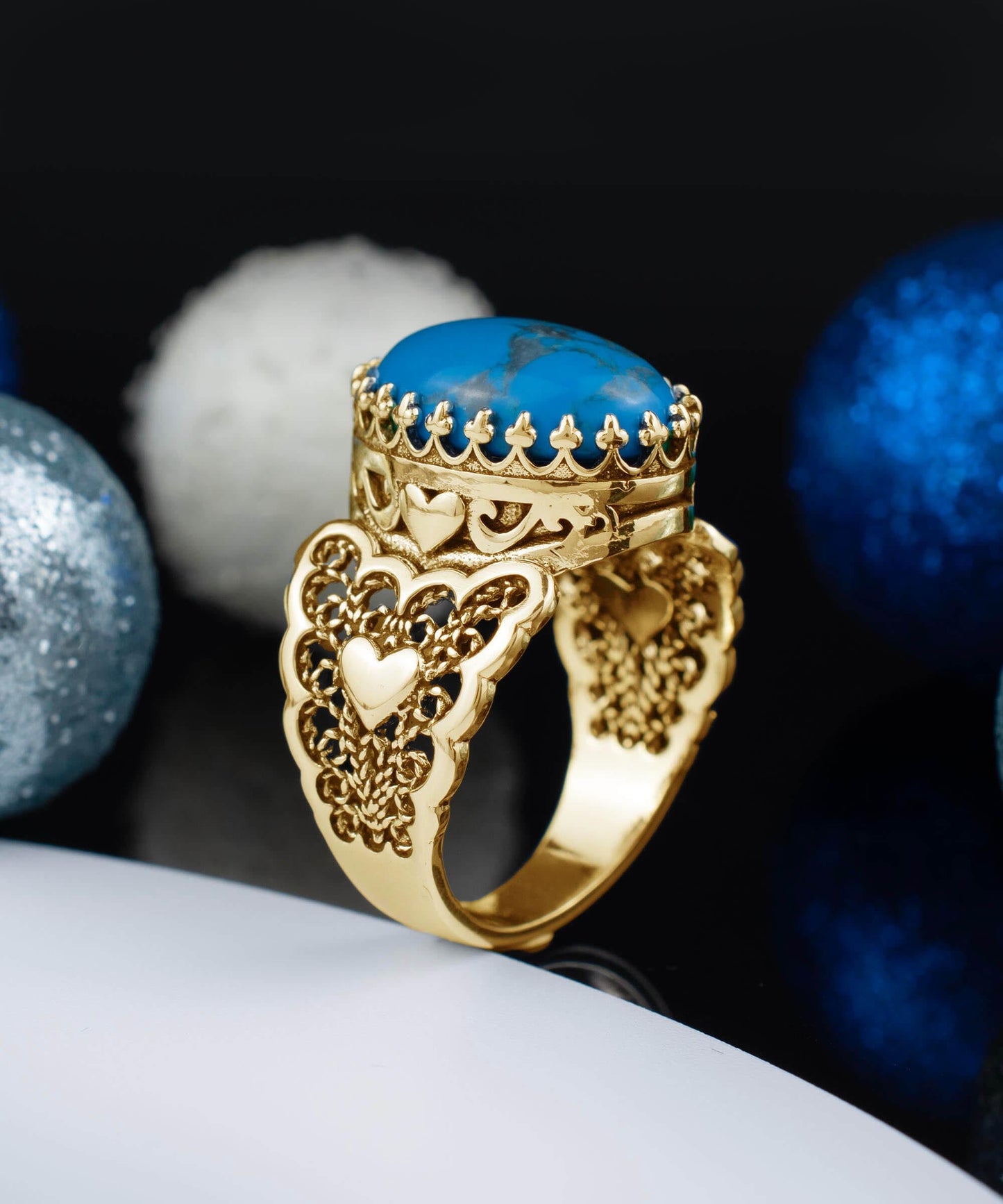 Double Heart Detailed Turquoise Gemstone Filigree Art Gold Plated