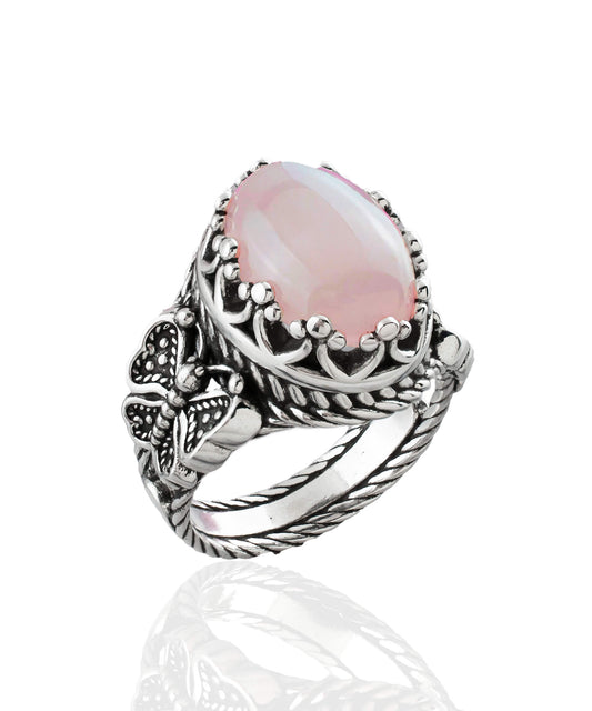 Rose Quartz Gemstone Filigree Art Double Butterfly Detailed Women