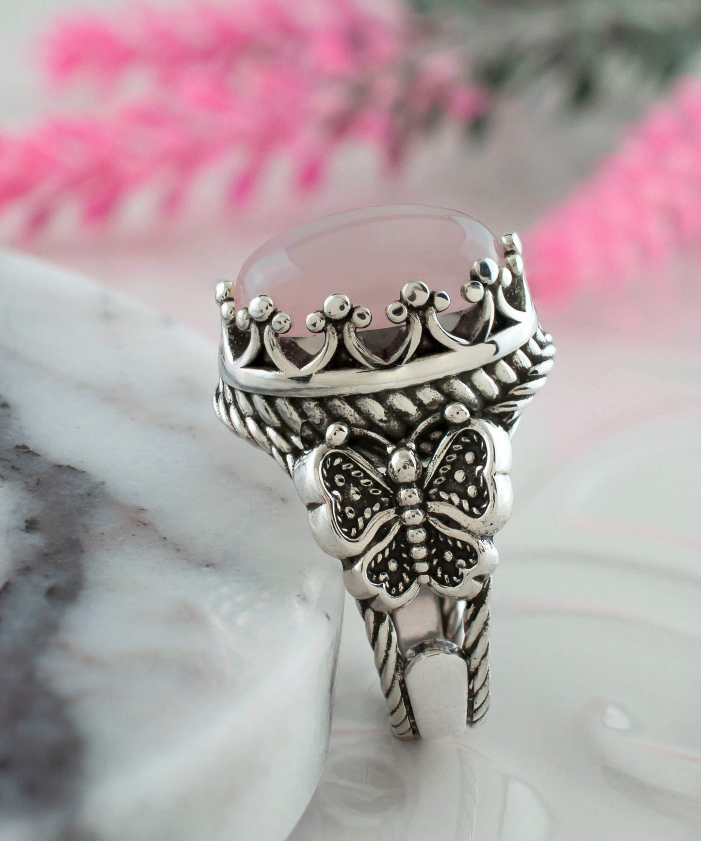 Rose Quartz Gemstone Filigree Art Double Butterfly Detailed Women