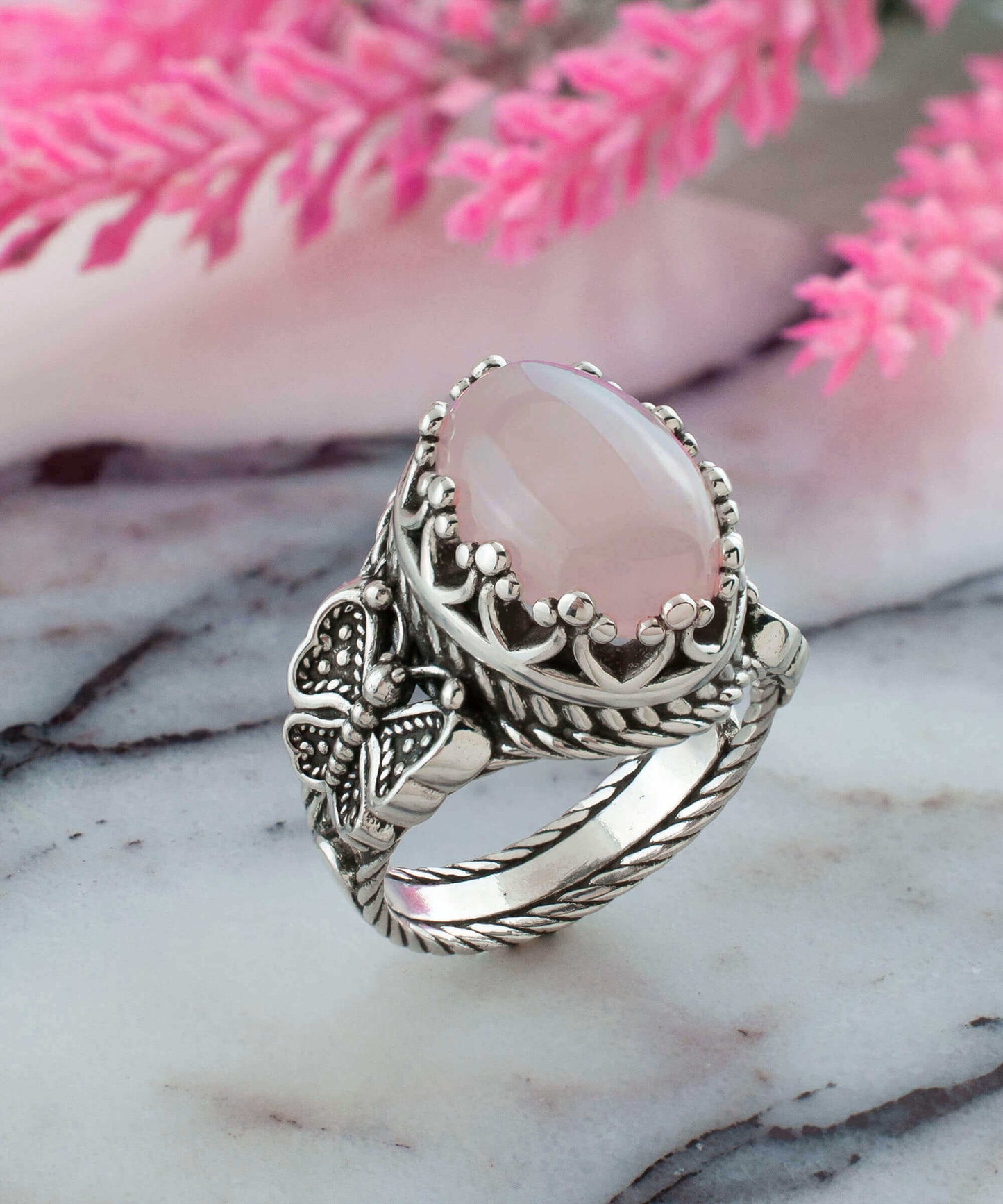 Rose Quartz Gemstone Filigree Art Double Butterfly Detailed Women
