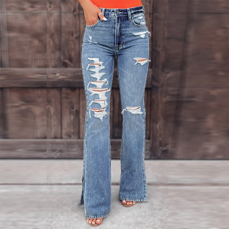 Casual Mid Waist Slim Denim Jeans Vintage Ripped Tassel