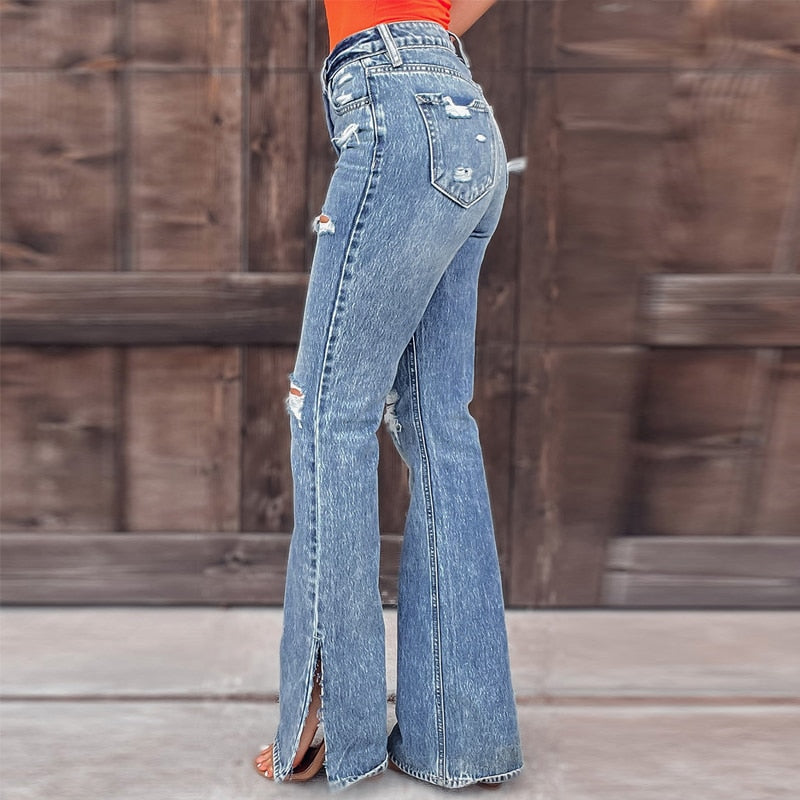 Casual Mid Waist Slim Denim Jeans Vintage Ripped Tassel