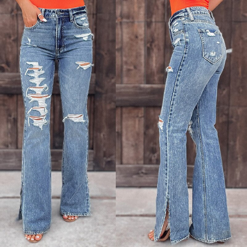 Casual Mid Waist Slim Denim Jeans Vintage Ripped Tassel