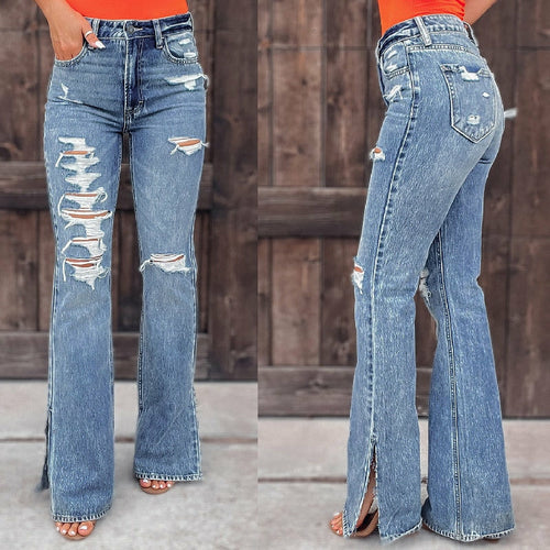 Casual Mid Waist Slim Denim Jeans Vintage Ripped Tassel