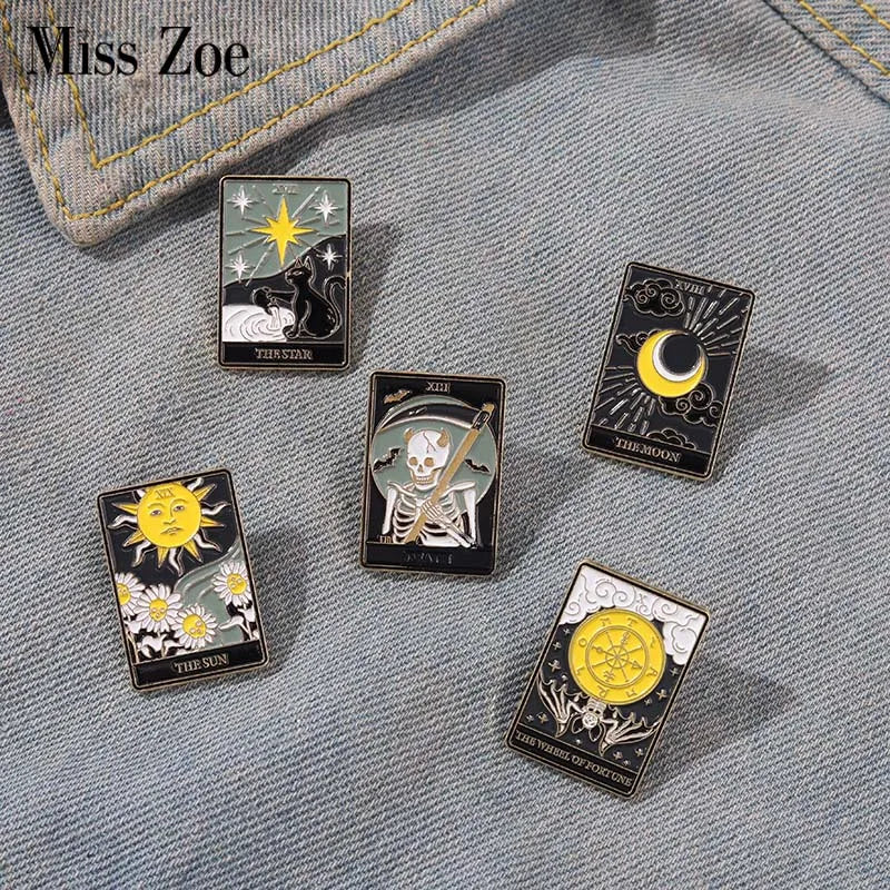 Tarot Enamel Pins Custom Sun Moon Stars Gothic Skeleton Lover Brooches